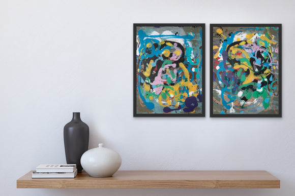 ”Swirling Exiles from the Reef”, Acrylic on Canvas, 40x16, Diptych