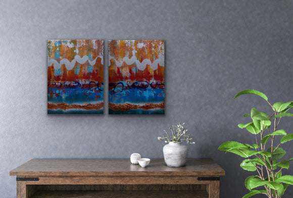 “Shimmering Motion Fractionated”, Mixed Media on Acrylic, 32x20, Diptych